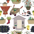 Seamless pattern with garden objects collection. Garden house, flower pots, garden cart, plants, birdhouses, scarecrow, basket. Sp